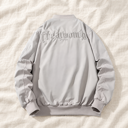 Light grey bomber jacket back view on ivory linen