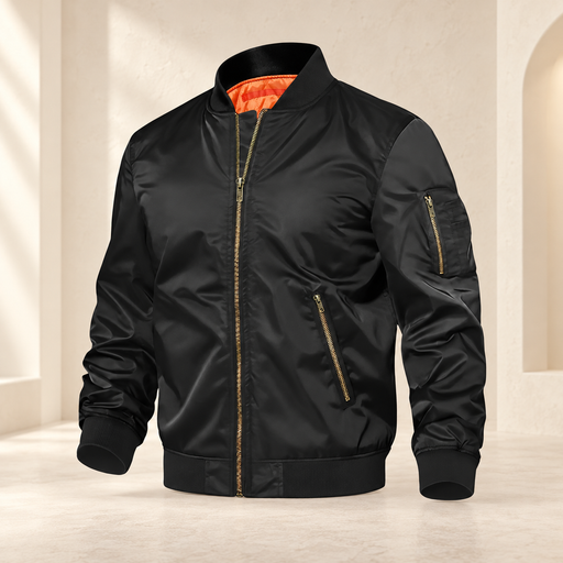 Black bomber jacket with orange lining and brass zippers against an ivory backdrop.
