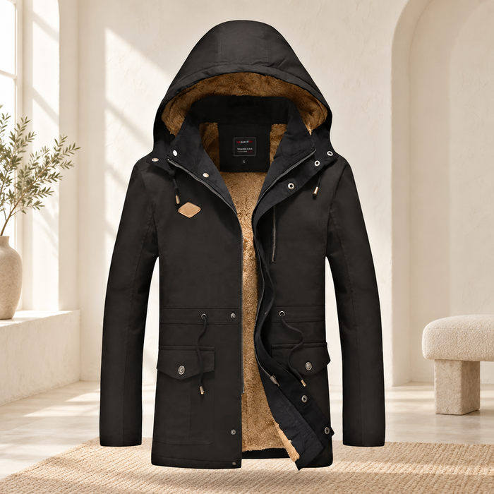 Black hooded parka with brown fleece lining against an ivory room backdrop.
