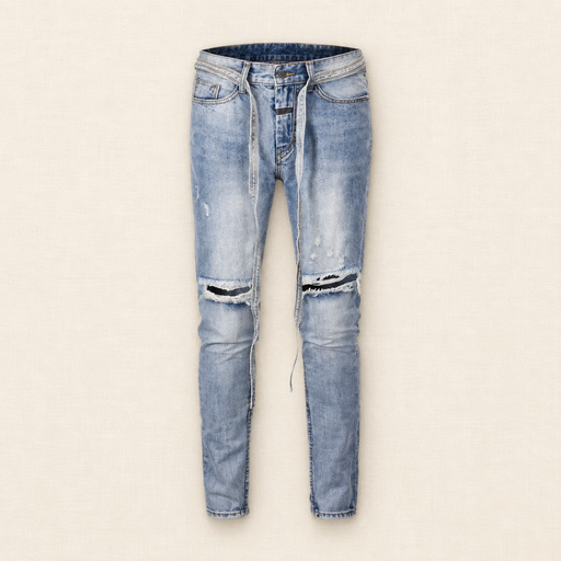 Light blue distressed jeans with long waist ties and two ripped knees on ivory linen