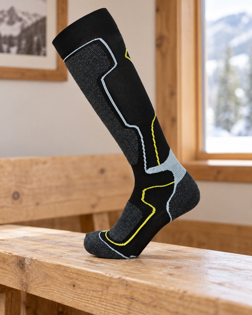 Black knee-high ski sock with grey panels and yellow outlines displayed on a wooden lodge bench.