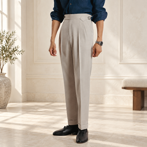 Stone-grey pleated trousers with side waist adjuster, worn with a navy shirt in an ivory dressing room.