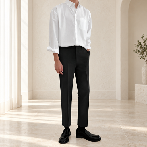 Black straight-leg trousers worn with a white shirt against a softly lit ivory interior.