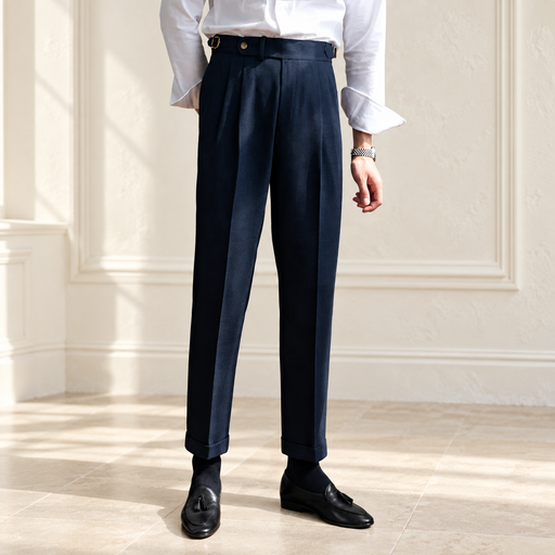 Navy pleated trousers with side waist adjusters, styled with a white shirt in an ivory interior.