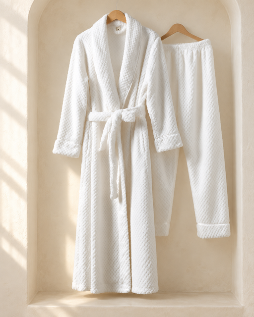 White textured robe with a tie belt and matching trousers hanging in an ivory dressing alcove.