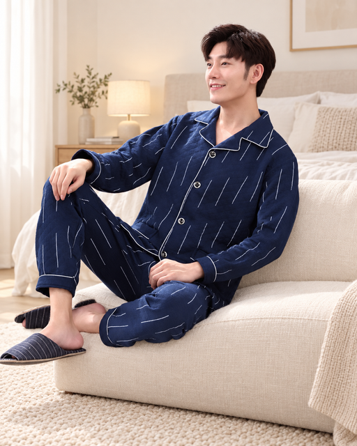 Navy pajama set with fine white dash stripes and piped edges, worn on an ivory seat.