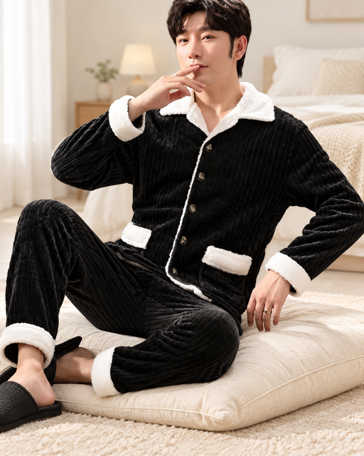 Black ribbed plush pajama set with white collar, pocket and cuff trims, worn on an ivory cushion.
