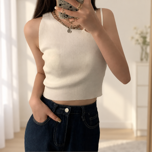 Cream asymmetrical ribbed sleeveless top worn with dark jeans in a light interior.