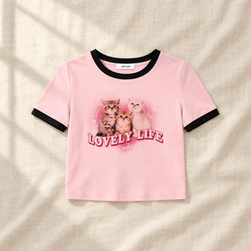 Pink cropped cat-print T-shirt with black trim on ivory linen
