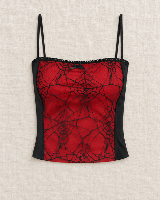 Red and black spiderweb-pattern camisole with thin straps, displayed on ivory linen.