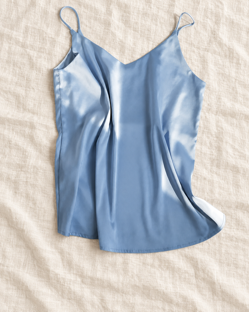 Light-blue camisole with thin straps and a V neckline, displayed on ivory linen.