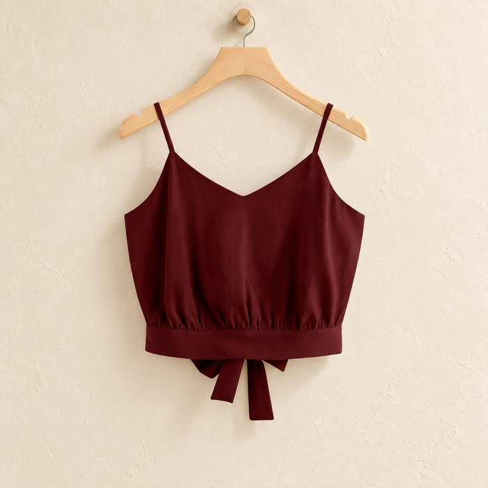 Burgundy camisole with gathered waist and bow ties on a wooden hanger against an ivory wall.
