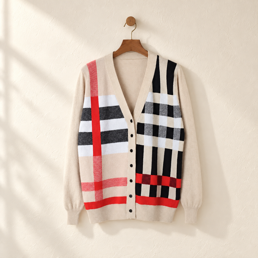 Beige knit cardigan with asymmetric black, white and red checks on a wooden hanger.