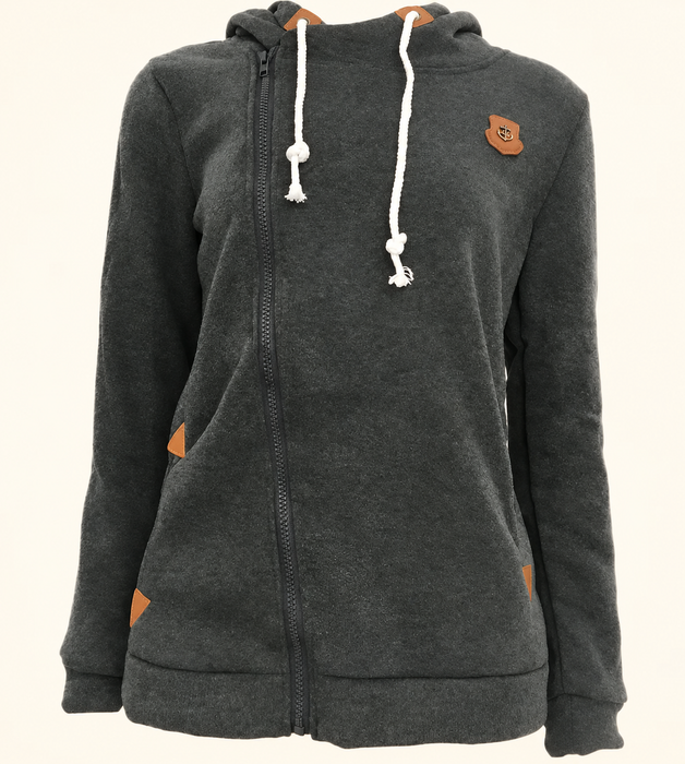 Dark grey asymmetric zip hoodie with white cords and leather details on ivory