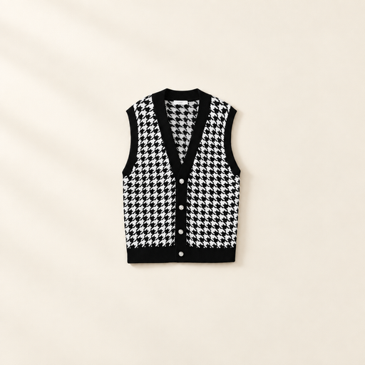 Black and white houndstooth knit vest with black trim and four light buttons on an ivory surface