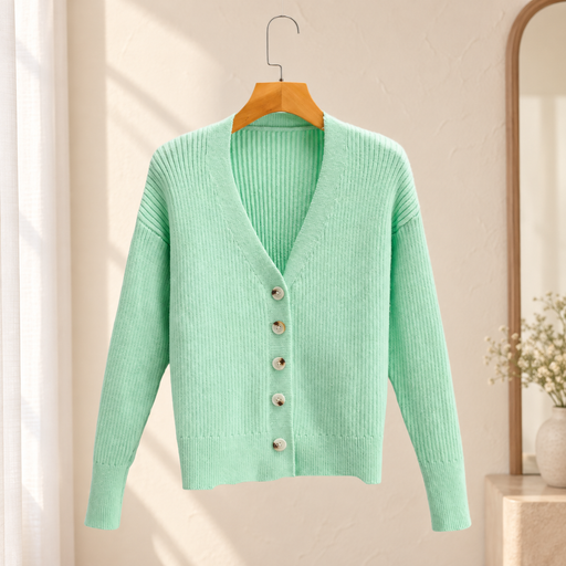 Mint green ribbed V-neck cardigan with five buttons on a wooden hanger in an ivory dressing room.