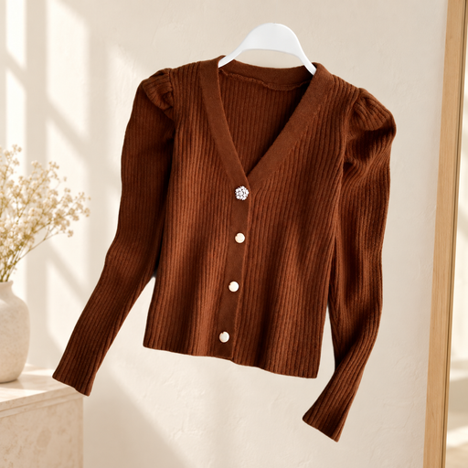 Rust-brown ribbed cardigan with puff shoulders and decorative buttons on a white hanger.