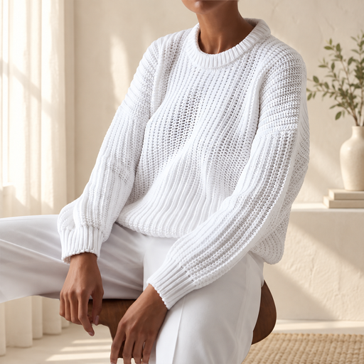 White textured knit sweater worn with white trousers while seated in a softly lit ivory room.