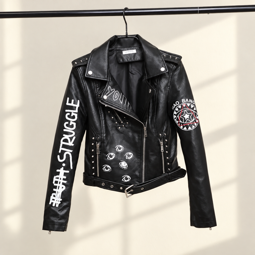 Black printed biker jacket hanging against a warm ivory wall