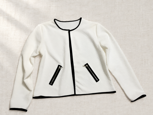 Ivory jacket with black trim and two zip pockets on linen