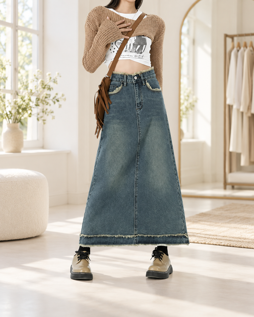 Blue-grey long denim a-line skirt, centre front seam and fly, one metal waist button, frayed pocket mouths and double lower hem band in an ivory setting.