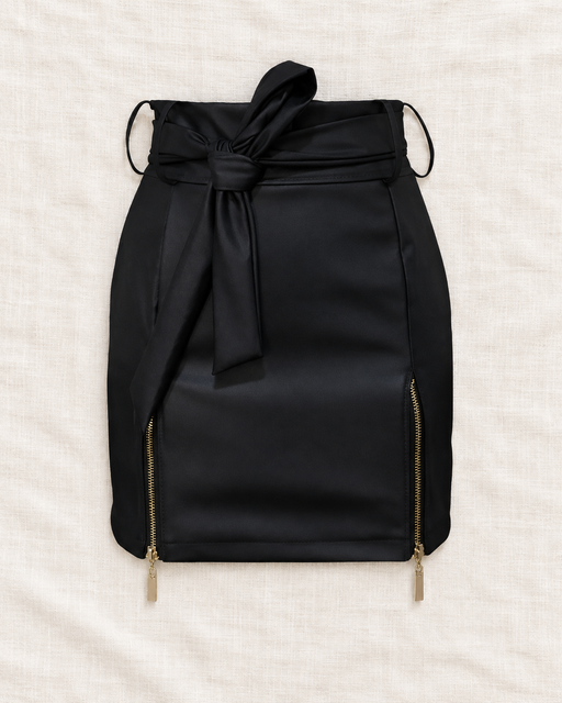 Black mini skirt with a self-tie waist and two gold-tone side zippers on ivory linen.
