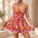 Floral summer outfit with thin straps and a gathered bodice in an ivory interior