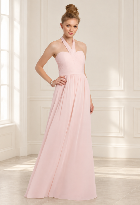 Pale blush halter gown in a softly lit ivory interior