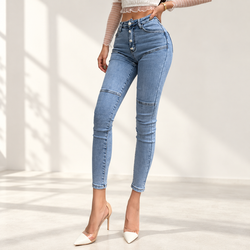 Light blue high-waisted jeans with four buttons in ivory interior
