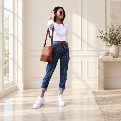 Striped dark blue jeans worn in an ivory interior