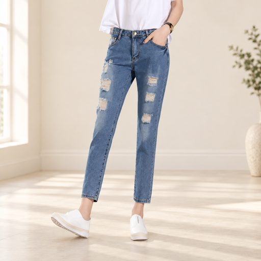 Medium blue distressed jeans worn in ivory interior