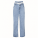 Pale blue wide-leg jeans with a double waistband on a light background