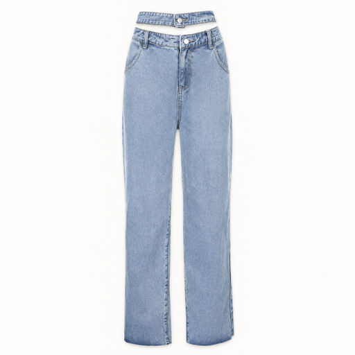 Pale blue wide-leg jeans with a double waistband on a light background