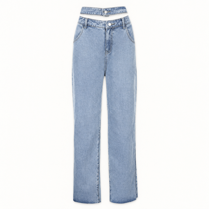 Pale blue wide-leg jeans with a double waistband on a light background