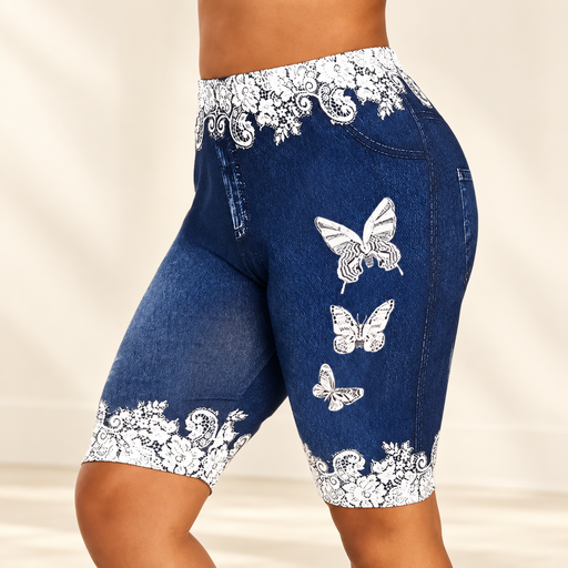 Navy butterfly print shorts with white lace pattern