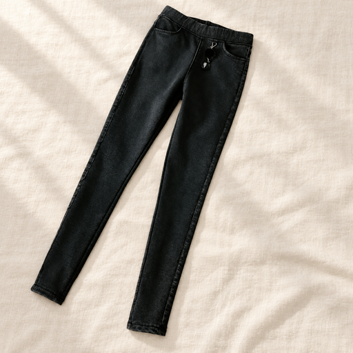 Black denim-look leggings laid diagonally on ivory linen