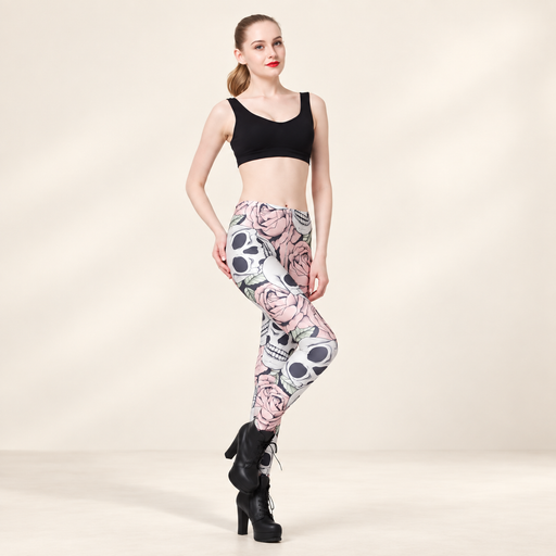 Skull and pink rose leggings on model in ivory studio