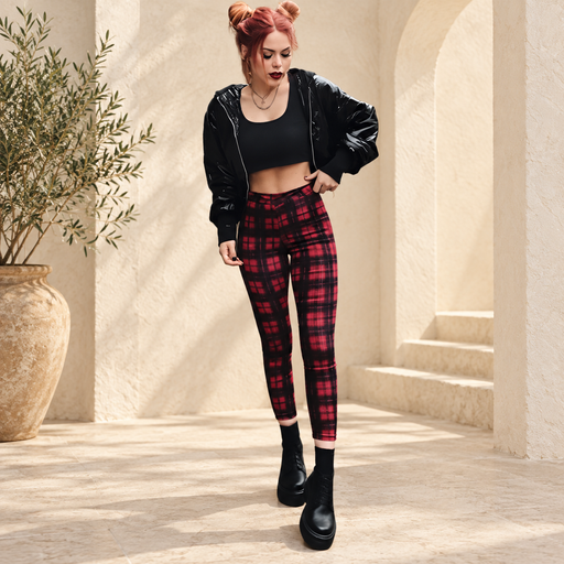 Red and black tartan leggings in a softly lit ivory interior