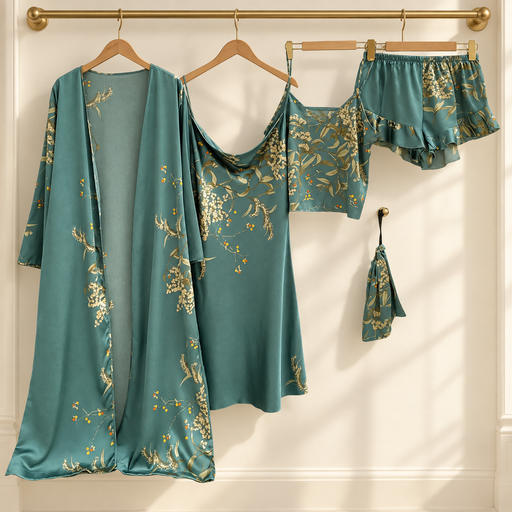 Green botanical satin sleepwear set on wooden hangers against ivory wall.