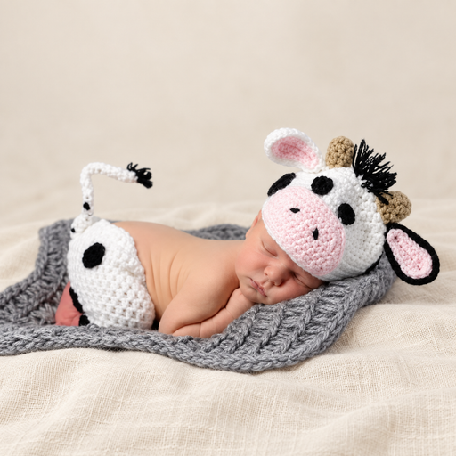 Newborn wearing a crochet cow hat and matching diaper cover on a knitted blanket.