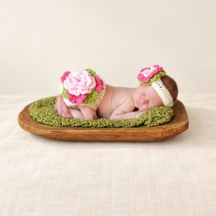 Newborn with pink floral crochet headband and diaper cover on a green mat in a wooden tray.