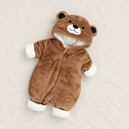 Brown bear-hood baby romper with white cuffs on ivory linen