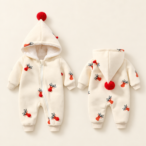 Front and back views of a cream baby onesie with red reindeer motifs and hood pompoms on an ivory background