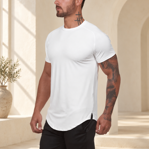 White curved-hem athletic T-shirt in a softly lit ivory interior