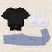 Three-piece sports set displayed on ivory linen