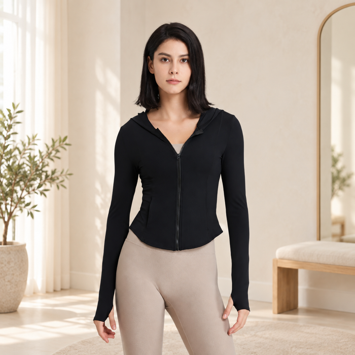 Black fitted hooded workout jacket with a front zipper and thumb-hole cuffs, worn in an ivory interior.