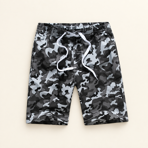 Camouflage shorts against a warm ivory background