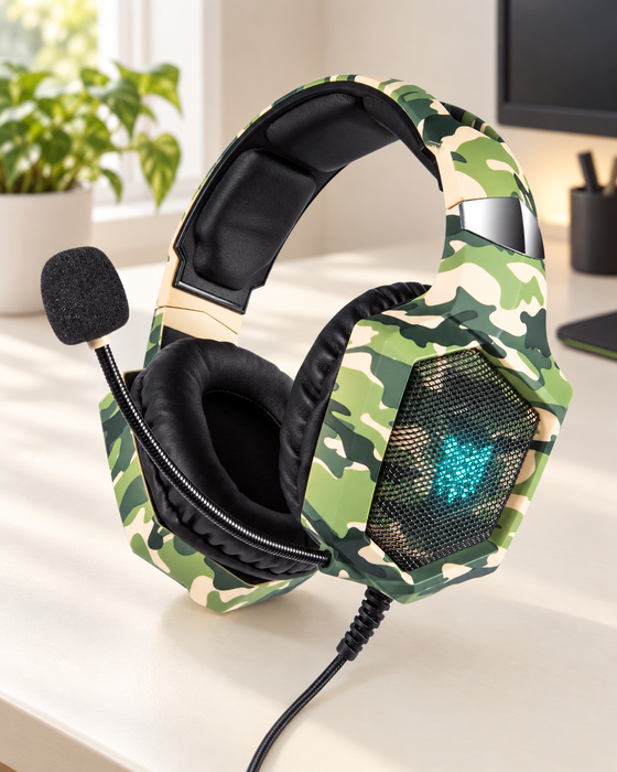 Army green camouflage headphones with a foam-tipped microphone on an ivory desktop.