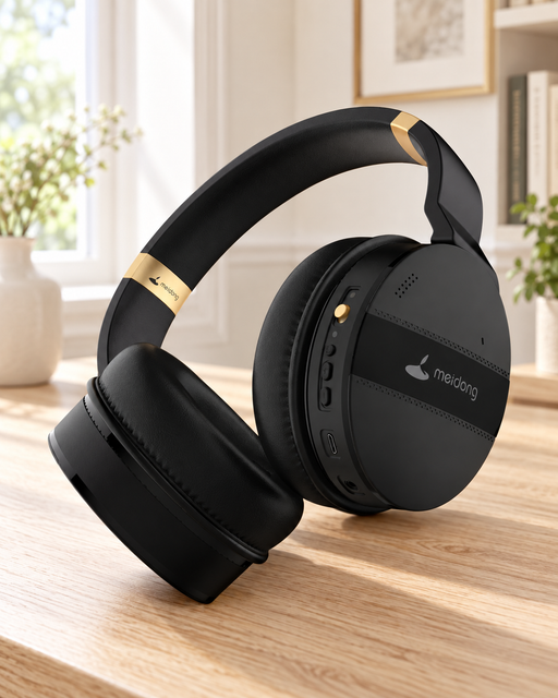 Black over-ear headphones with gold-coloured headband details on a wooden desk in an ivory study.