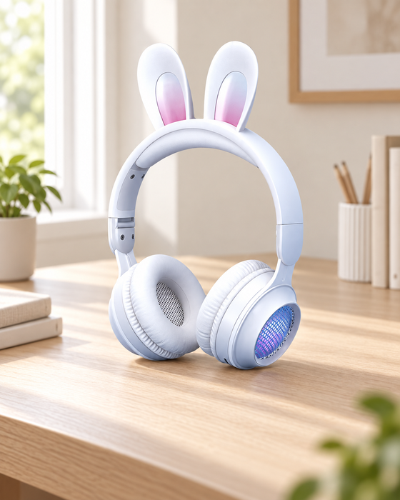 White headphones with pink bunny-ear inserts on a pale wooden desk in an ivory interior.
